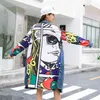 Cartoon Spring Printed Cowboy Patchwork Loose Long Big Size Denim Windbreaker Women Coat Fashion Trench korean B445 210914