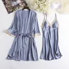 Kvinnors Sleepwear Sexiga Kimono Bathrobe Gown Kvinnor Nattkläder 2PCS Robe Set Print Blomma HomeWear Intimate Underkläder Novelty Nightdress