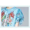 Summer Fashion Designer Dragon Print Cartoon Women Ruffles Butterfly Sleeve O-Neck Lace-up Bow Blue A-Line Mini Dress 210416