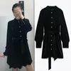 Dress Women Summer Black Velvet Mini Woman Fall Long Sleeve Korean Ladies Short Club Office es Bow Buttons 210430