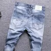 Europeisk vintage mode män jeans retro ljusblå elastisk smal passform rippad koreansk stil designer casual denim byxor