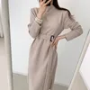 Spring Autumn Office Lady Stand Collar Sash Tie Up Knitting Dress Sexy Women Split with Belt 210423