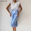 Mnealways18 Solid Lila Satin Silk Kjol Kvinnor Högt Midja Sommar Lång Elegant Ladies Office S Midi Spring 210621