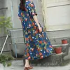 Johnature Women Patchwork V-neck Floral Print Cotton Linen Dress Summer Casual Simple Short Sleeve Fashion Women Dress 210521