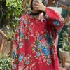 Johnature Women Chinese Style Red Dresses Stand Long Sleeve Cotton Print Floral Robes Spring Thick A-Line Button Dress 210521