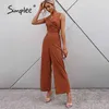 Brun ärmlös brett ben jumpsuits chic o neck tie långa byxor sommar playsuit elegant chiffong kvinnor jumpsuit 210414