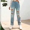 Street style Retro denim pants Women jeans washed high waist ripped trousers for women Vintage Pants 210508