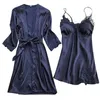 Mulheres Sleepwear Lingerie Mulheres Silk Lace Robe Vestido Babydoll Nightdress Kimono Set FFT