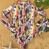 Tropikalny strój kąpielowy Długi rękaw Swimweear Kobiety Kostium Kąpielowy Retro Zipper Front Surfing Swim Nosić Monokini 210520