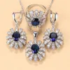 2021 Arrival Big Flower Bridal Accessories Jewelry Natural Blue Stone Pendant Necklace And Earrings Wedding Ring Sets