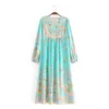 Boho Mint Green Tassel Sznurowanie W Górę V Neck Lokalizacja Kwiat Drukuj Długa Dress Hippie Kobieta Strappy Rękaw Wakacyjny Suknie Plaża 210429