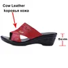 Metal Decoration Real Leather Wedge Heels Slippers Crystal Women Shoes Open Toe High Heel Slides Summer Sandals Black 40 210517