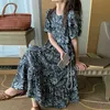 Kimotimo Retro Folk-custom Print Dress Women Korean Chic Summer O-neck Loose Puff Sleeve Ruffle Hem Long Dresses Fashion Clothes 210601