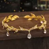 Baroque Gold Crystal Crown Bridal Accessories Wedding Rhinestone Teardrop Leaf Tiaras Headband Frontlet Bride Hair Jewelry