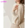 LDYRWQY spring French gentle woolen patchwork round collar lace chiffon blouse woman shirts 210416