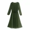 Mode V-hals geplooide print Midi jurk lange mouw riem leger groene vrouwen chiffon jurken Koreaans 210421