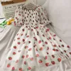 Kawaii платье женщин с плеча слоеного рукава сетки платья клубники squide print высокая талия халат сладкий милый vestidos 210519