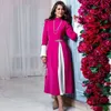 Fuksja Kontrast Kolor Dresses Matki Suknie High Collar Flare Z Długim Rękawem Formalne Suknie Herbata Długość Arabska Dubai Damska Maxi Dress