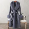 Designer Real Double Face Rabbit päls Coat Womens Mid-Längd Winter nära passande läder räv päls krage manschetter päls plagg