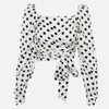 Vintage Polka Dot Femmes Puff Long Sleeve Wrap Top Élégant Lace Up Blanc Crop Top Blouse Sexy Dos Nu Chic Femme Chemises 210514