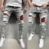 Męskie pikowane haftowane dżinsy Skinny Ripped Grid Casual Slim Stretch Denim Spodnie Patchwork Spodnie jogging S-3XL 211108