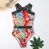 Sexy Badeanzug Frauen Blatt Druck Bademode Weibliche Mesh Patchwork Badeanzug Sommer Strand Tragen Schwimmen Badende Dame 210521