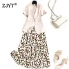 Elegancka Biuro Lady Summer Garnitur Kobiety Notched Krótki Rękaw Blazer i Midi Print Pasek Dress 2 Piece Set 210601