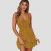 Kvinnor Polka Dot Backless Spaghetti Strap Klänning Sommar Sexig V Neck Back Bandage Kvinna Casual Boho Beach Mini Dress Vestidos 210416