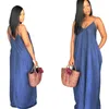 Vestidos Casuais Plus Size Jeans Vestido Feminino Solto Sem Mangas Suspensório Sólido Verão Moda Estilo Vintage Longo