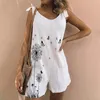 Sommar bomull linne ärmlös kvinna playsuits justerbar remficka kvinnlig jumpsuit blommigryck casual lösa damer rompers