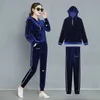 패션 여성 Tracksuits 긴 소매 지퍼 후드 느슨한 의류 2 개 세트 정장 숙녀 캐주얼 벨벳 트랙 팬츠 210925