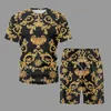Classic Retro Style Two Piece Set Clothing Summer Short Sleeve Auspicious Pattern T-Shirt+Shorts Casual All-Match Mens Sets Y0831