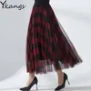 Angleterre Plaid Tulle Jupe Femmes Mode École coréenne vérifié taille haute plissée Maxi été femme maille streetwear 210421