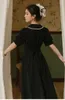 Yosimi Preto Longo Dres Verão Vintage Pérola Beading Curto Puff Sleeve Fit e Flare Mid-Bezerro Império Vestidos A linha 210604