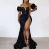 2021 Funkelnd Black Prom Kleider Backless Abendkleid Pageant Frauen Sexy Kurzer Party Tragen Langer Trail High Split Abiye Dubai Kleider Burgund Rot Lila Springe