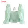 Tangada Summer Women Tracksuit Two Piece Set Retro Green Emboridery Crop Shirt och Shorts Je72 210609