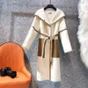 패션 여성 양모 코트 디자이너 재킷 겉옷 블렌드 더블 양면 트위드 후드 코트 겨울 따뜻하고 슬림 긴 코팅 벨트 고품질 3 색