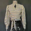 Sexy backless plaid women blouse shirt summer turtleneck lace up crop tops vintage cut yellow cotton 210427