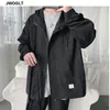 Sonbahar Moda Erkek Çekme Ceket Gevşek Kapşonlu Dış Giyim Rüzgar Derecesi Pamuk Fermuar Siyah Khaki Ordusu Yeşil Katlar 4xl 5xl 210412
