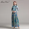 Designer de mode Piste Classique Maxi Robe Printemps Femmes À Manches Longues Ruban Imprimé Paon Plissé Exotique 210524