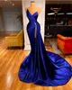 Royal Blue Formal Aftonklänningar Sexig High Split Beaded Ruched Satin Elegant Prom Lugnar 2021 Arabiska Aso Ebi Backless Special Occasion Party Dress