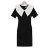 Kobiety Sailor Collar Black White Vintage Dress Ołówek Długość Koszulka Krótki Rękaw Elegancki D1042 210514