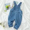 Jumpsuits Primavera Primavera Verão Denim Menina Menino Roupas Macacões Meninas Jeans Jumpsuit Pocket Childs Lazer Calças Azuis Crianças Roupas