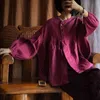 Johnature Vintage Full Sleeve Rose Red Puff Sleeve Linen Shirts Autumn Loose Women Blouses O-neck Chines Style Tops 210521