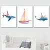Obrazy Whale Żaglówka Latarnia morska morskie kreskówki na ścianie sztuki płótna malowanie plakatów nordyckich plakatów i odbitek