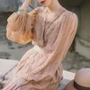 Zomer vrouwen partij lange mouw vintage kant maxi tuniek strand jurk 210415