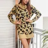 Vestidos casuais cair mulheres leopard impressão camisola vestido gola mini manga longa de malha outono vestido ocasional