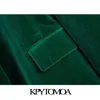 KPYTOMOA Kvinnor Mode Metal Knapp Velvet Green Blazer Coat Vintage Långärmad Flapfickor Kvinnlig Ytterkläder Chic Veste 211122