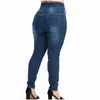 Plus Size Button Up Slim Skinny Dark Blue Full Length Jeans 4XL 5XL Women High Waist Stretch Thin Denim Pants Lady Trousers 210629