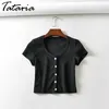 T-shirt femme tricot été simple boutonnage manteau court manches solides t-shirts maigres femme 210514